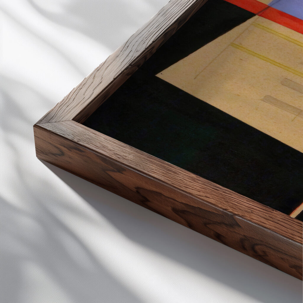 Croce rossa e palle bianche 1921 Laszlo Moholy Nagy close up dark wood mockup