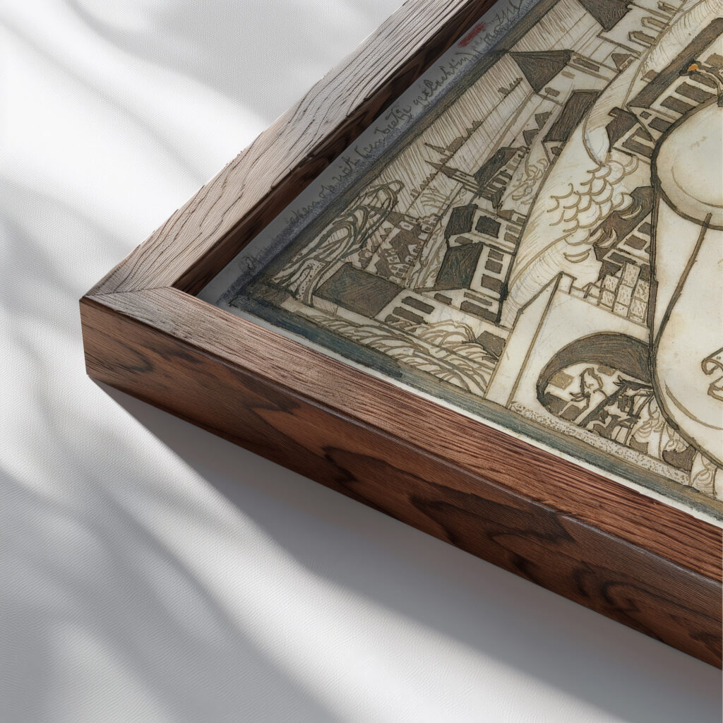 De hulpverlening tijdens de watersnood van 1926 symbolisch voorgesteld 1926 Jan Toorop close up dark wood mockup