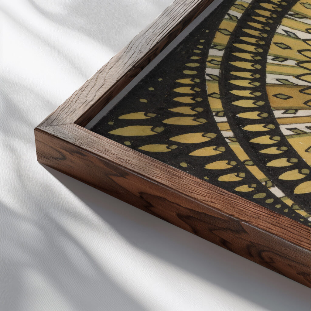 De maand Mei rozet met gestileerde bladen 1918 Julie de Graag close up dark wood mockup