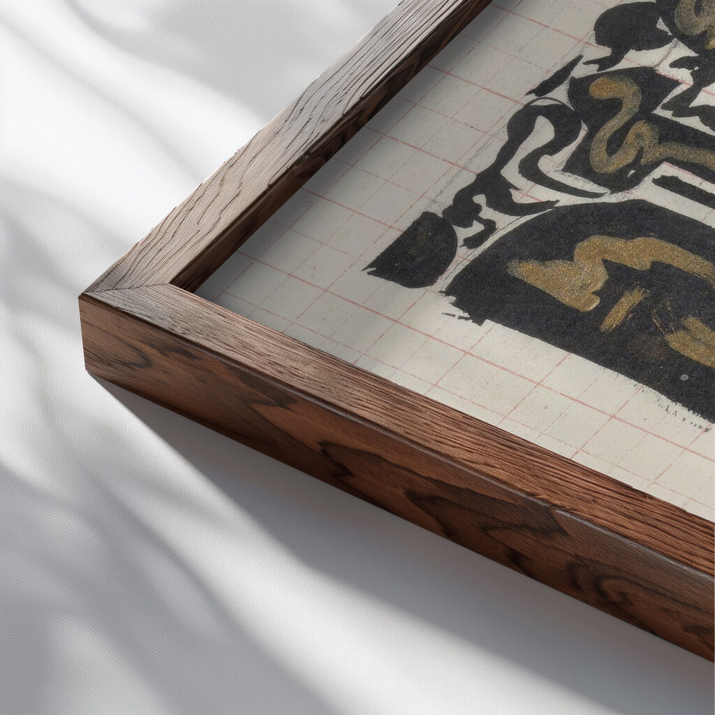 Decoratief ontwerp en schets van het front timpaan van het Koninklijk Paleis te Amsterdam 1874 Carel Adolph Lion Cachet close up dark wood mockup