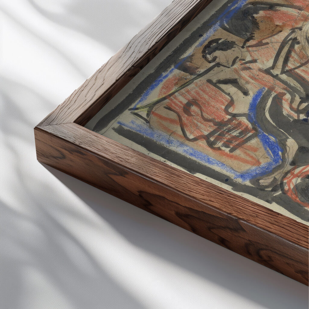 Decoratief ontwerp met bovenaan twee herauten 1874 1945 Carel Adolph Lion Cachet close up dark wood mockup