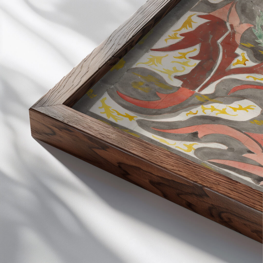 Decoratief ontwerp met opstaande degen 1874 Carel Adolph Lion Cachet close up dark wood mockup