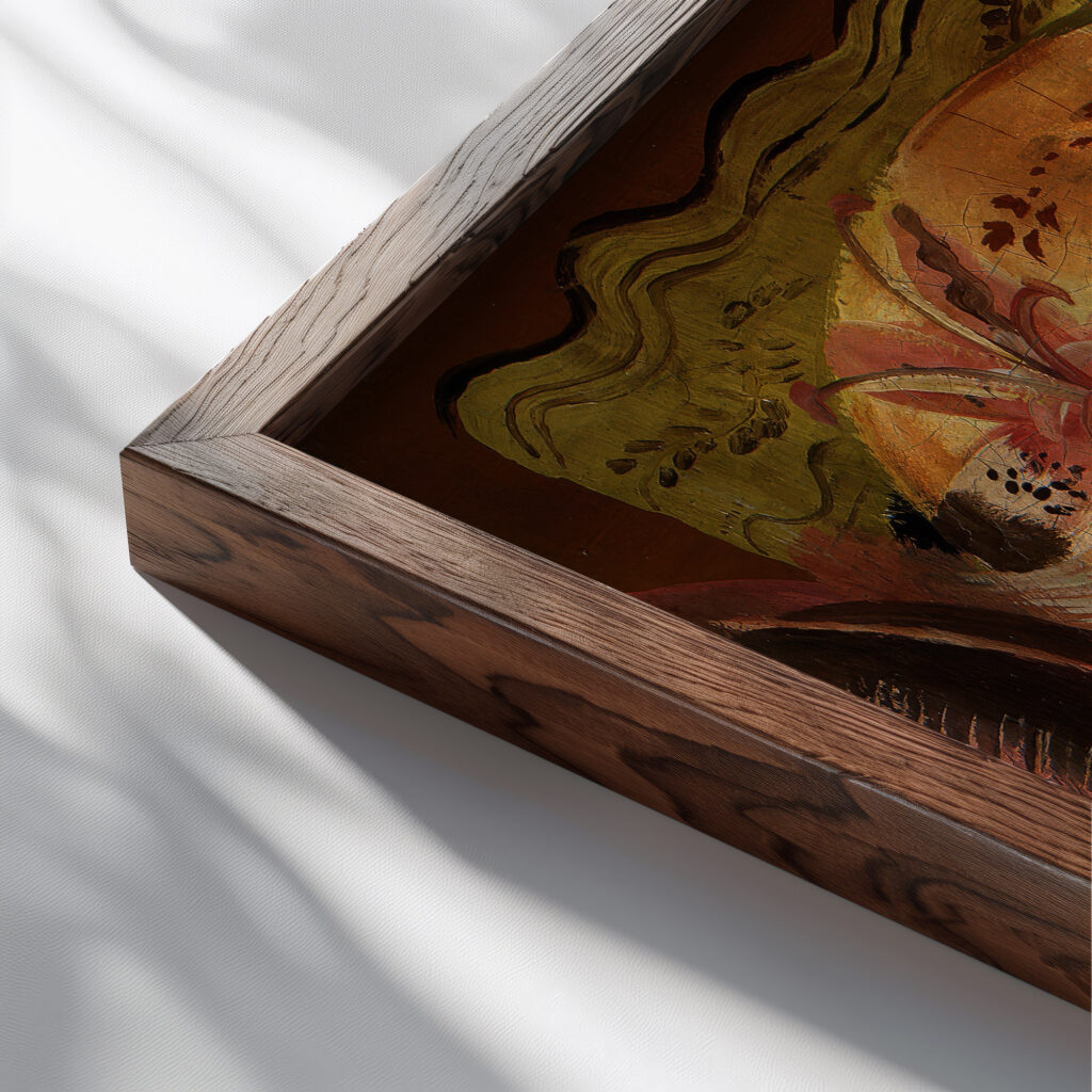 Decorative motif circa 1935 Frances Hodgkins close up dark wood mockup