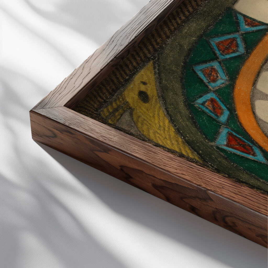 Denkmal und Waappen des RiesenStadtTheils TallerRing in der RiesenStadt Granada 1928 Adolf Wolfli close up dark wood mockup