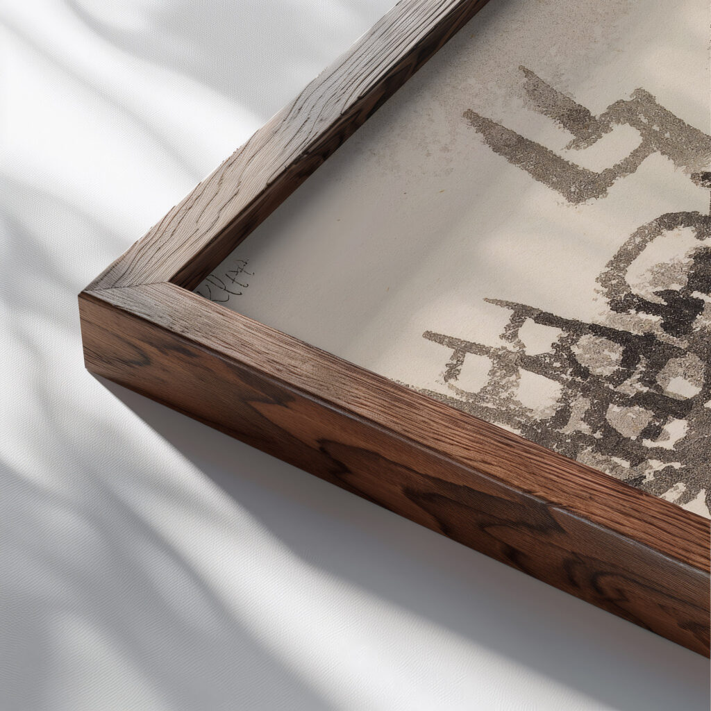 Der Krieg schreitet uber eine Ortschaft 1914 Paul Klee close up dark wood mockup
