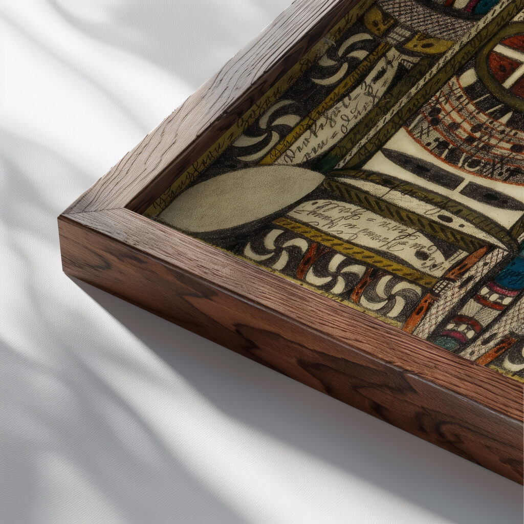 Der ZantrumsBacher zeigt den Plahn der Beiden Chineesischen HalbInselRiesenStadte ZungaOst und ZungaWest 1921 Adolf Wolfli close up dark wood mockup
