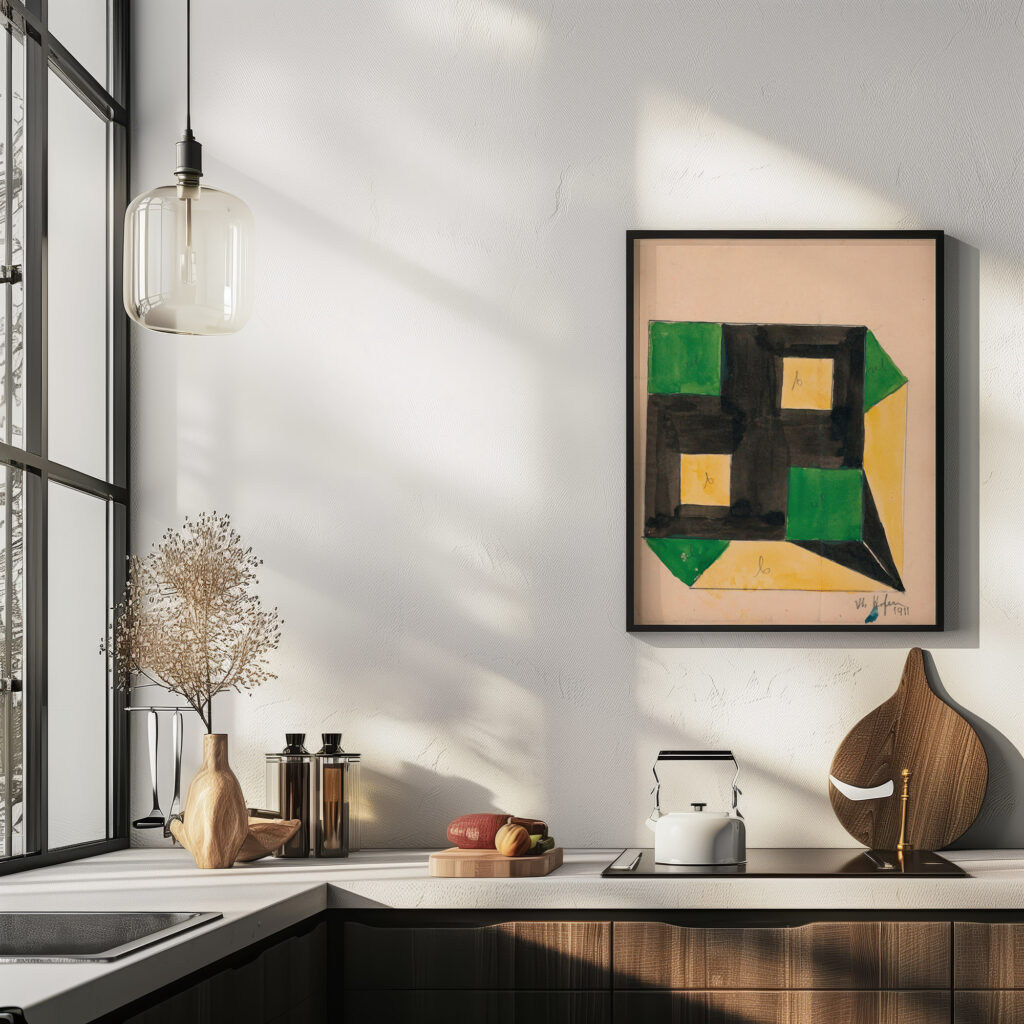 Design for Tablecloth with Green and Yellow Squares on Black Ground 1911 Unknown 6 mockup