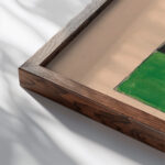 Design for Tablecloth with Green and Yellow Squares on Black Ground 1911 Unknown close up dark wood mockup