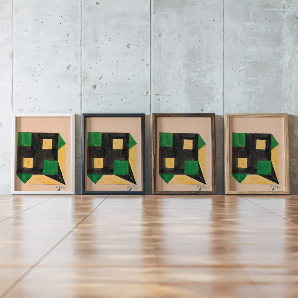 Design for Tablecloth with Green and Yellow Squares on Black Ground 1911 Unknown framed posters mockup
