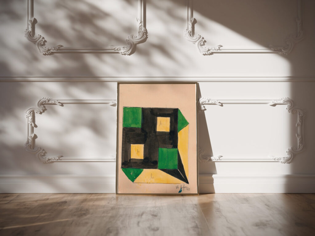 Design for Tablecloth with Green and Yellow Squares on Black Ground 1911 Unknown video mockup