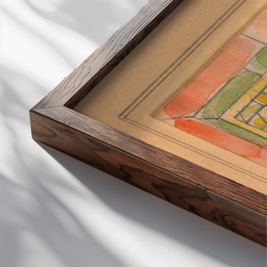 Design for stained glass late 19th century Unknown close up dark wood mockup