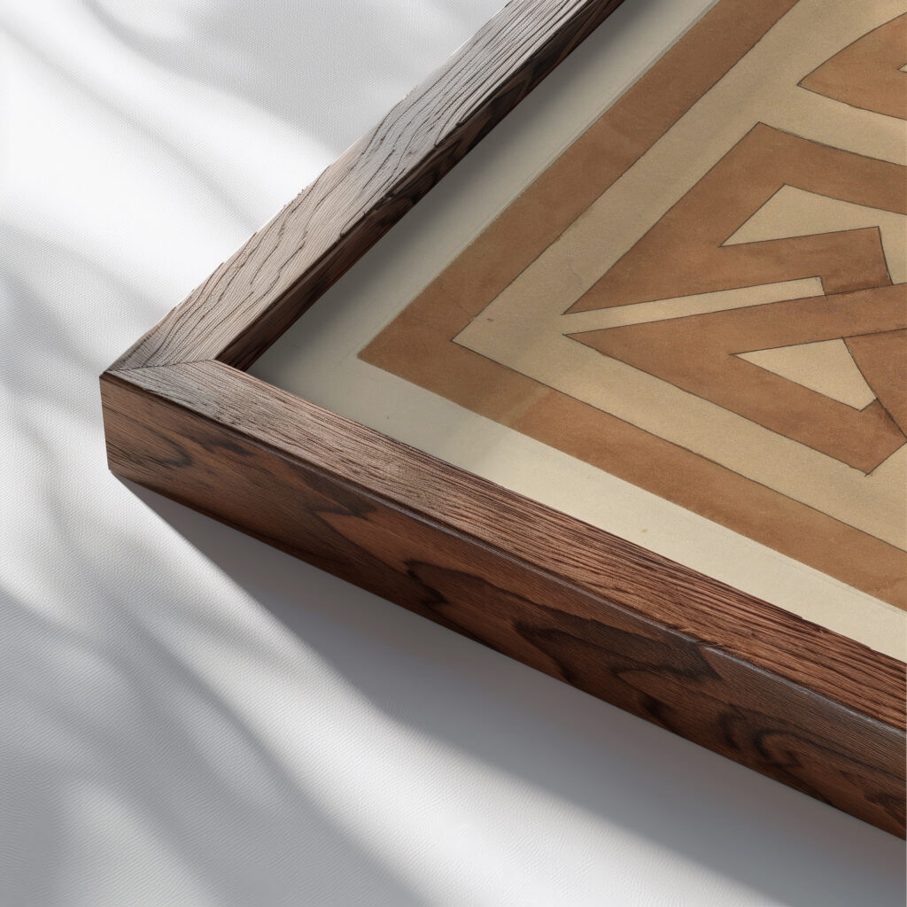 Design of interlacing ca. 1900 Elizabeth A. Nedwill close up dark wood mockup