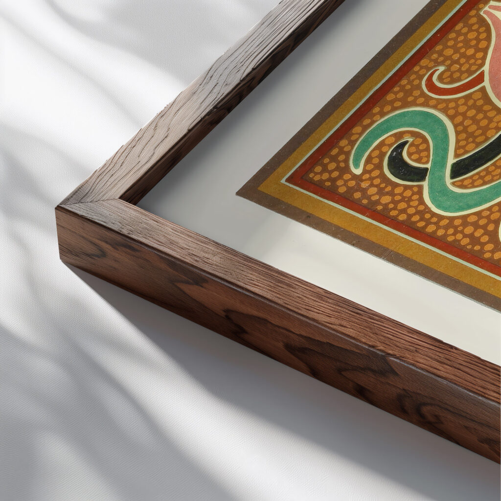 Design showing Analysis of Colour in a ‘Peacocks Plumage 1912 James Ward close up dark wood mockup