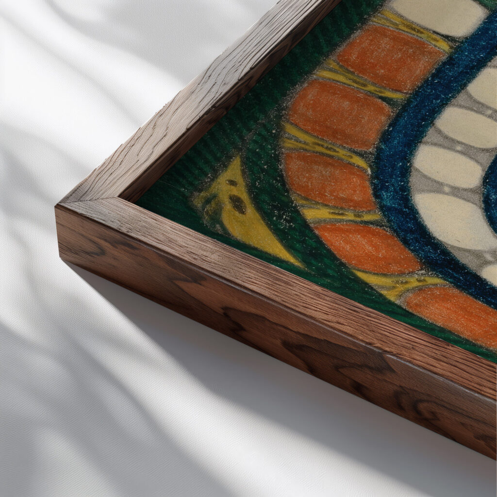 Die Delphine Ein absolutt ungefahrlicher RiesenVogel 1928 Adolf Wolfli close up dark wood mockup