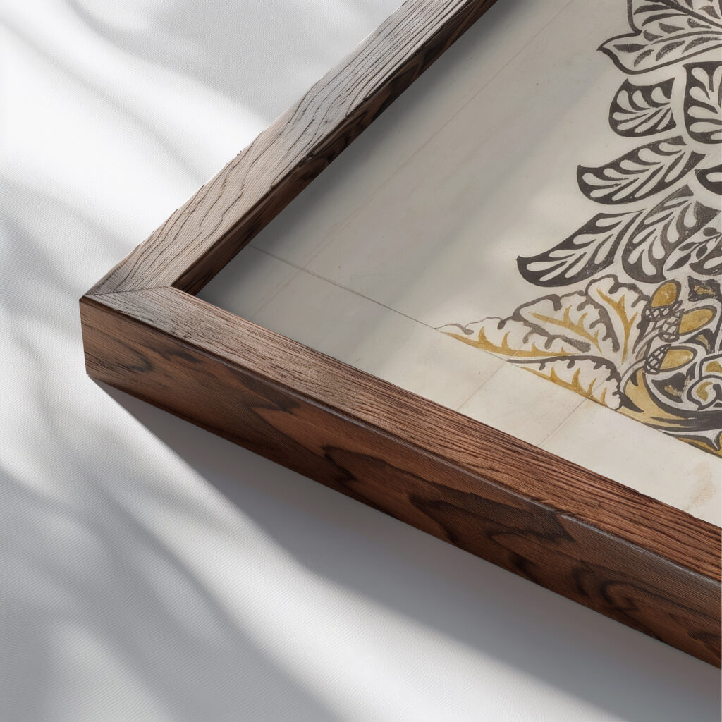 Dove and Rose 1879 William Morris close up dark wood mockup