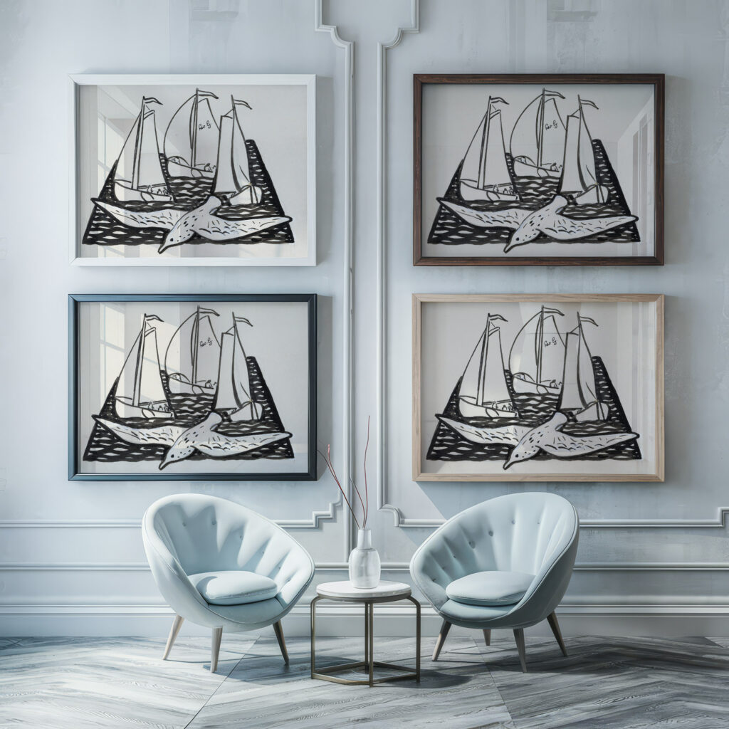 Drie zeilschepen en een meeuw 1891 Leo Gestel framed posters mockup