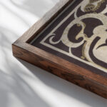 Ex libris van D. Goedkoop 1917 Carel Adolph Lion Cachet close up dark wood mockup