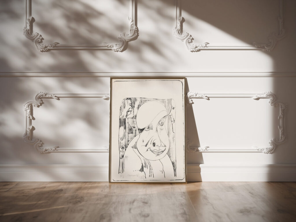 Fantasie mannenkop met scheve muts half over het rechteroog 1918 08 Samuel Jessurun de Mesquita video mockup