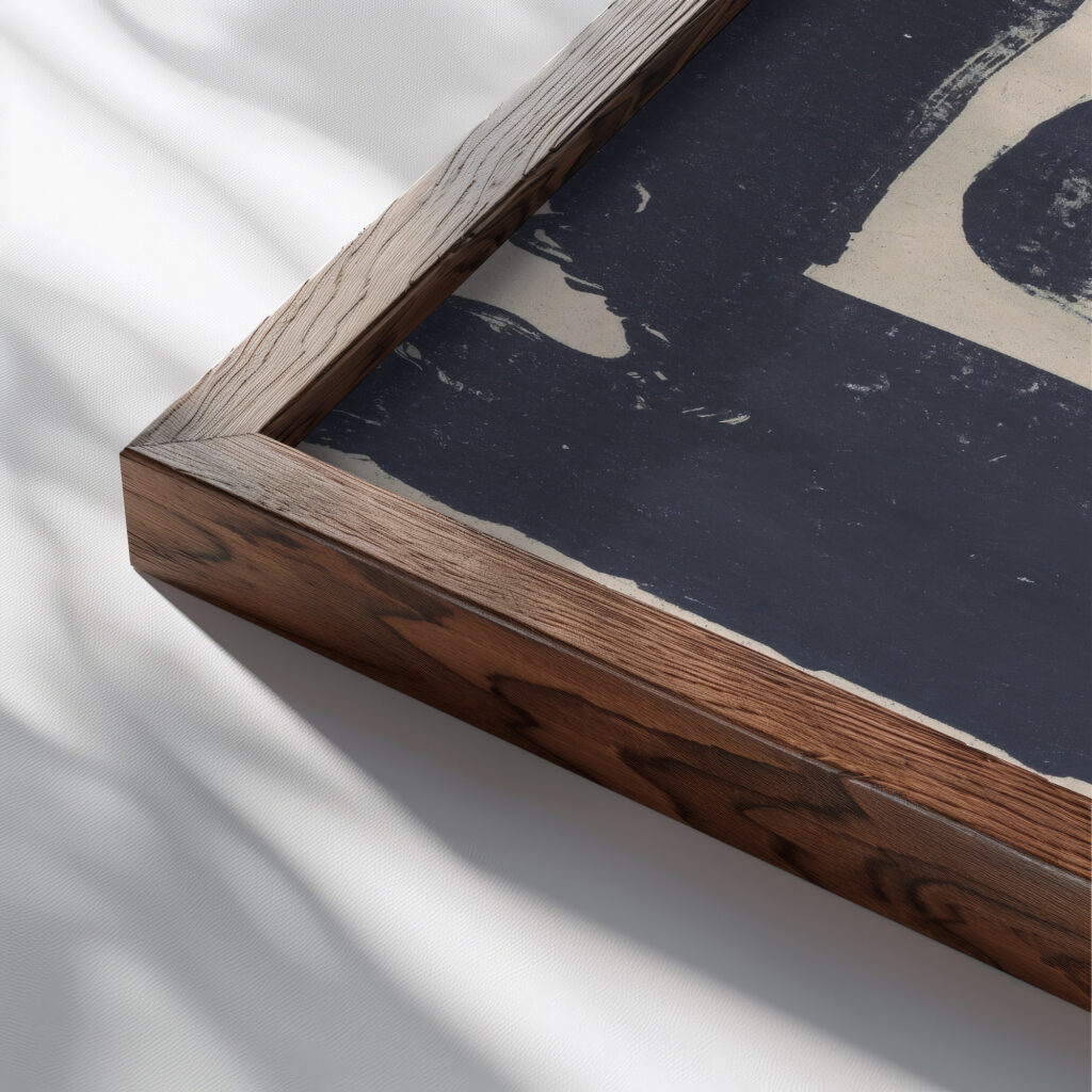Fantasie profielkop naar rechts in een witte rechthoek omgeven door zwart rechtsonder is het zwart gewassen 1920 Samuel Jessurun de Mesquita close up dark wood mockup