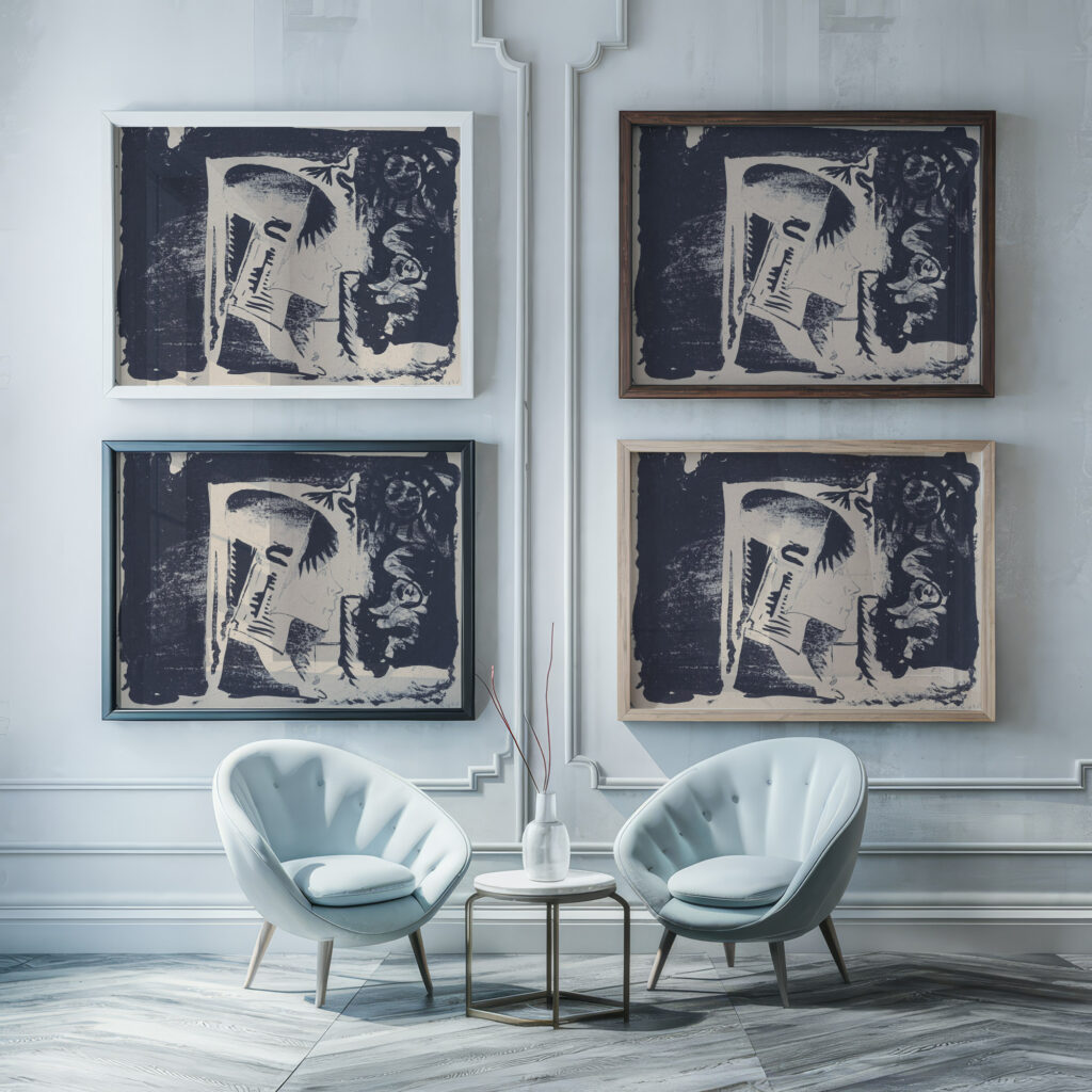 Fantasie profielkop naar rechts in een witte rechthoek omgeven door zwart rechtsonder is het zwart gewassen 1920 Samuel Jessurun de Mesquita framed posters mockup