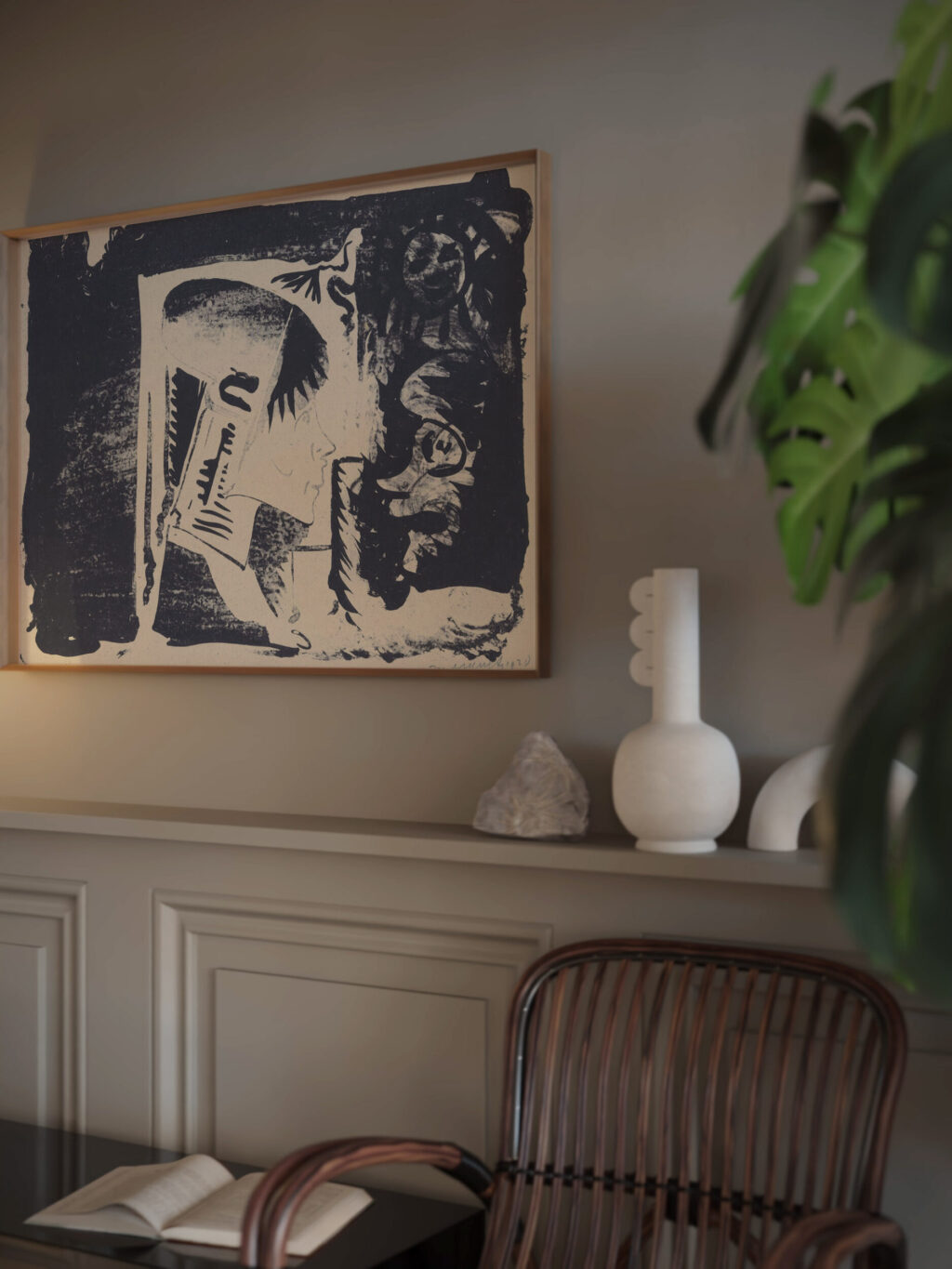 Fantasie profielkop naar rechts in een witte rechthoek omgeven door zwart rechtsonder is het zwart gewassen 1920 Samuel Jessurun de Mesquita video mockup