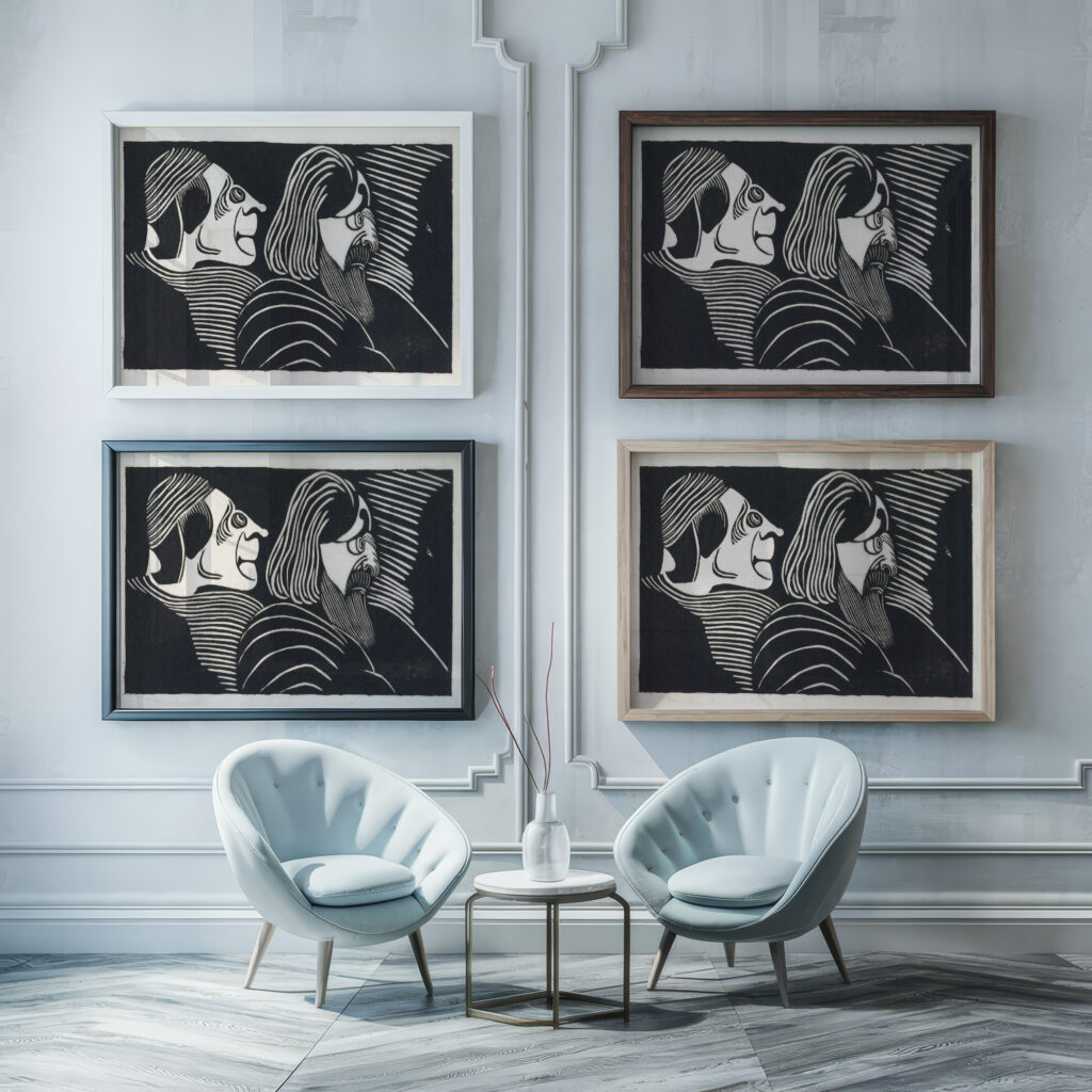 Fantasie twee mannenkoppen in profiel naar links links een profiel in tegengestelde richting 1918 Samuel Jessurun de Mesquita framed posters mockup