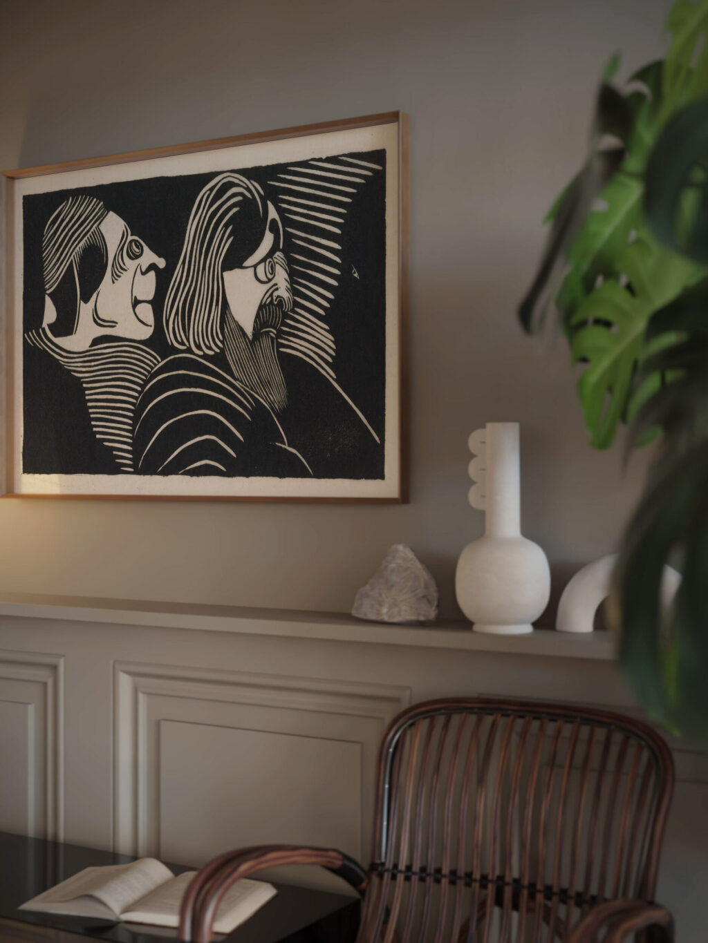 Fantasie twee mannenkoppen in profiel naar links links een profiel in tegengestelde richting 1918 Samuel Jessurun de Mesquita video mockup