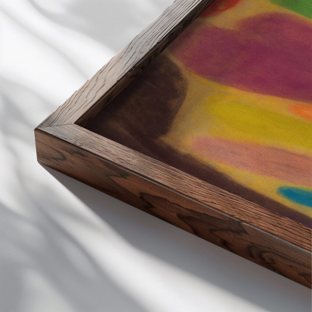 Farbkomposition mit Rund und Ovalformen 1933 Adolf Holzel close up dark wood mockup