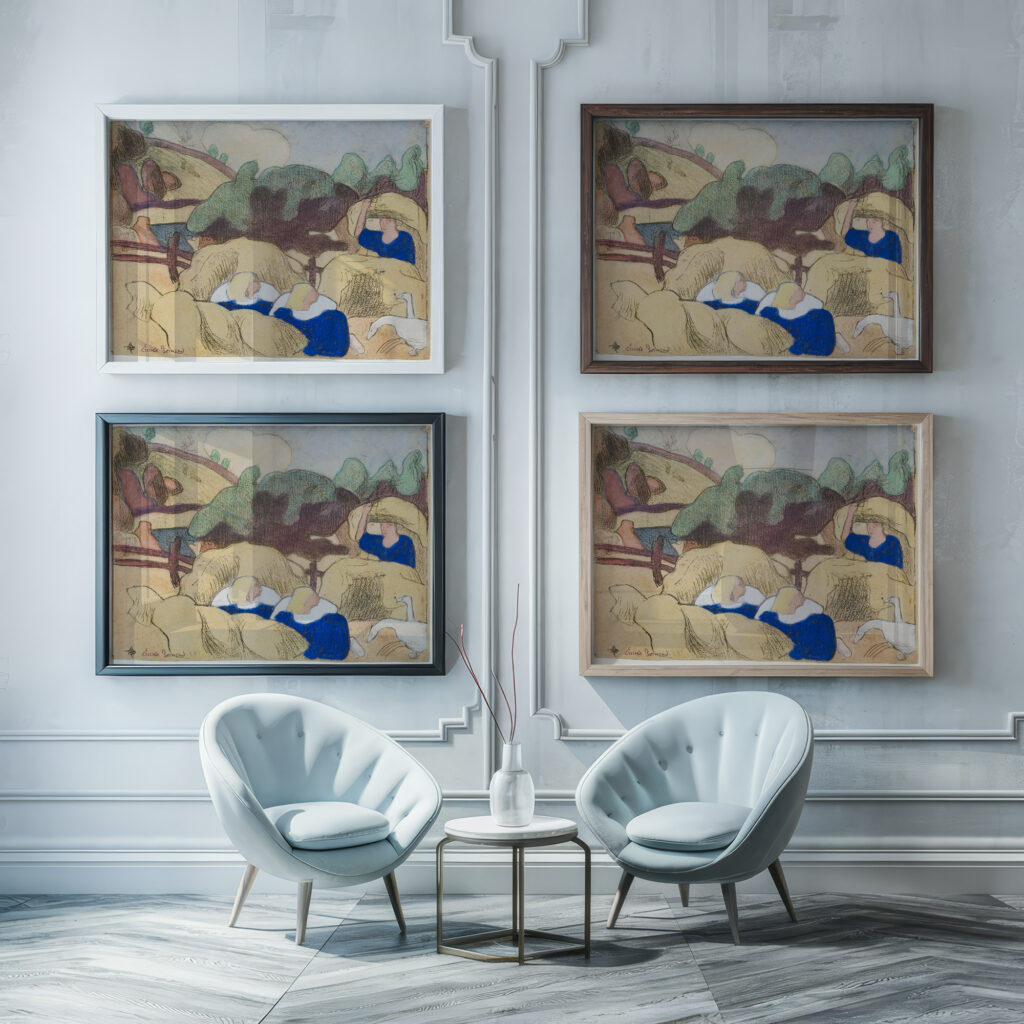 Femmes faisant les foins Women Making Haystacks 1889 Emile Bernard framed posters mockup