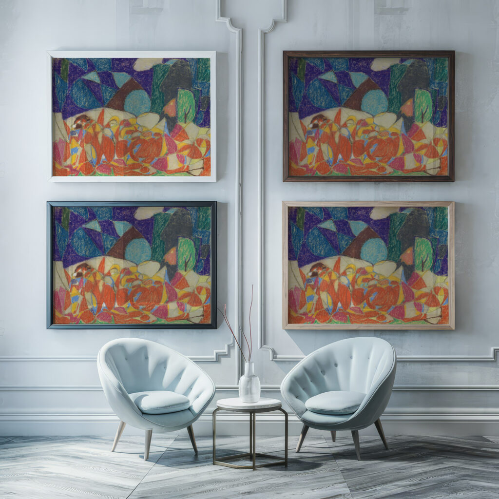 Figurengruppe unter lila grunen Formen 1920 Adolf Holzel framed posters mockup