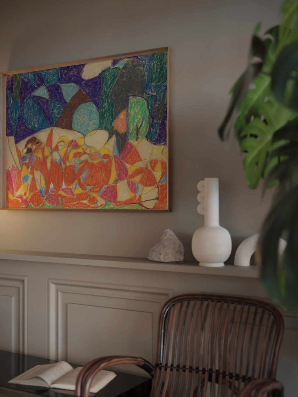 Figurengruppe unter lila grunen Formen 1920 Adolf Holzel video mockup