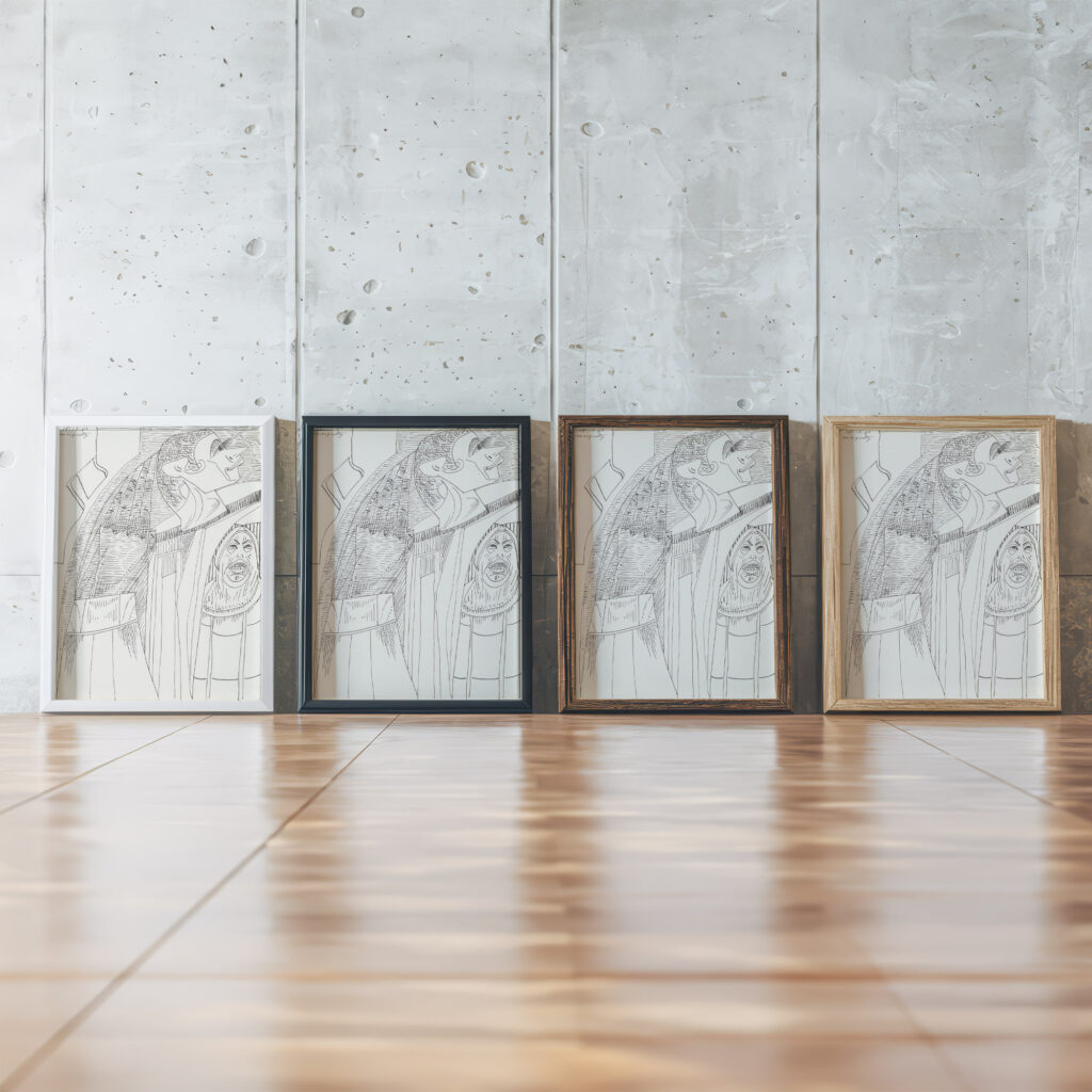 Figuur met een puntige neus en lange wimpers in profiel naar rechts 1943 10 15 Samuel Jessurun de Mesquita framed posters mockup