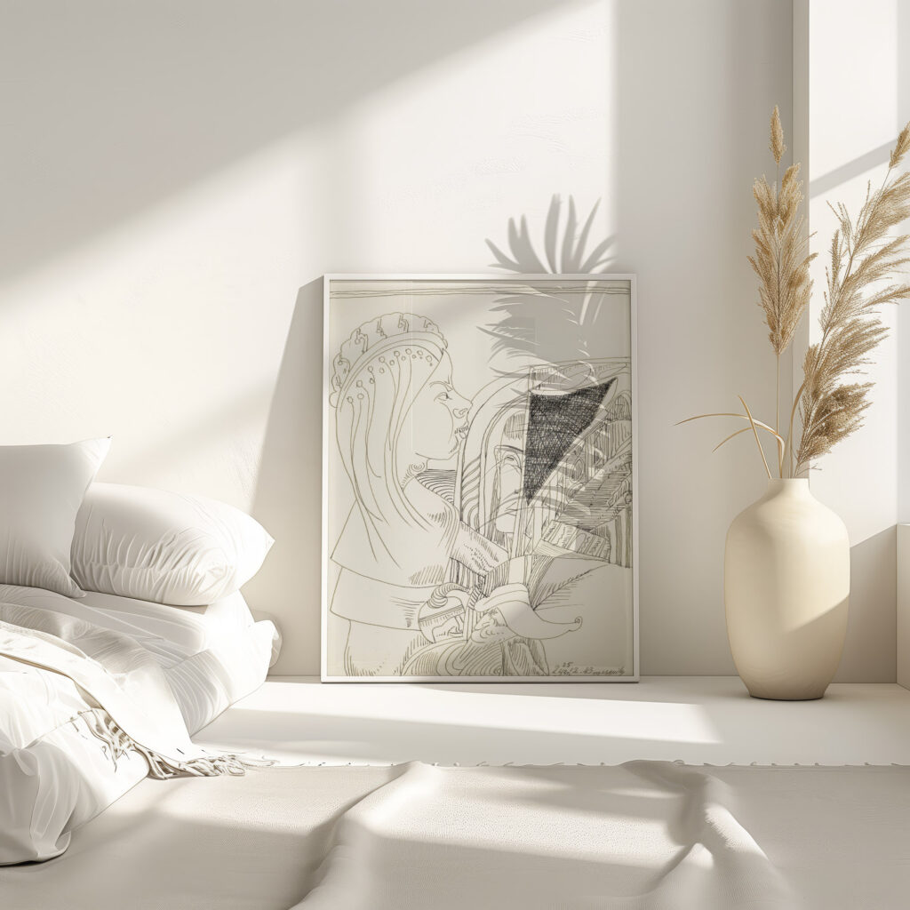 Figuur met lang haar en een kroon op het hoofd in profiel naar rechts 1943 12 24 Samuel Jessurun de Mesquita 4 mockup