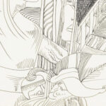 Figuur met lang haar en een kroon op het hoofd in profiel naar rechts 1943 12 24 Samuel Jessurun de Mesquita 8 mockup