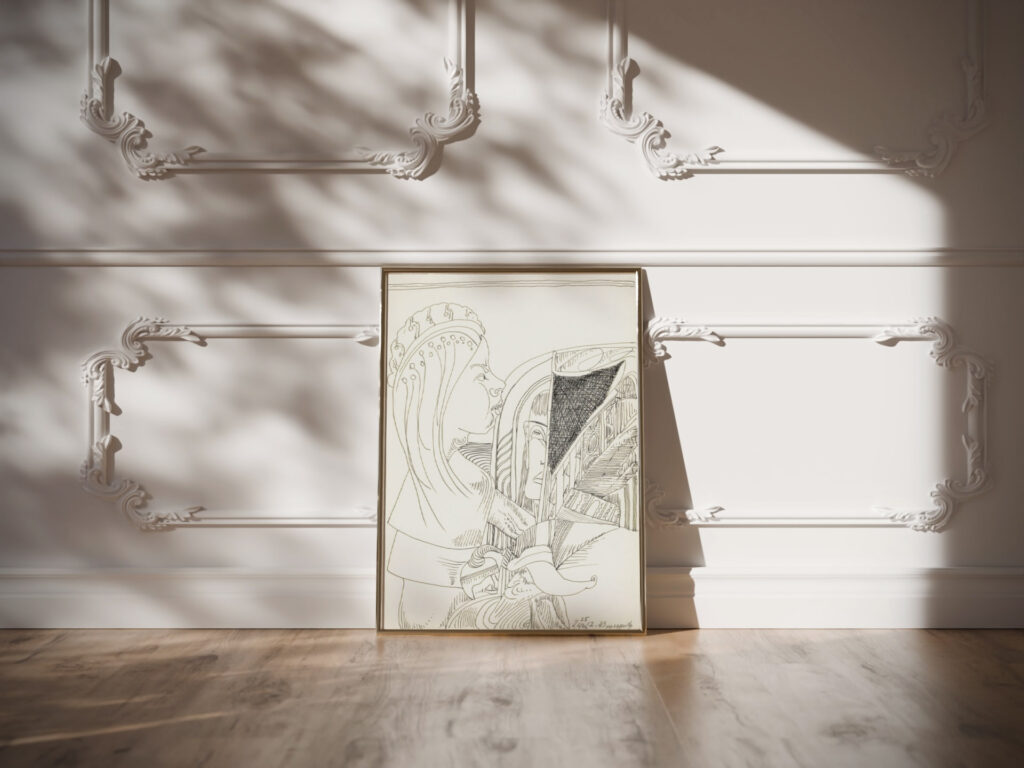 Figuur met lang haar en een kroon op het hoofd in profiel naar rechts 1943 12 24 Samuel Jessurun de Mesquita video mockup