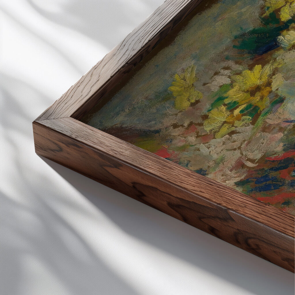 Flowers On A Stool circa 1903 1904 Edouard Vuillard close up dark wood mockup