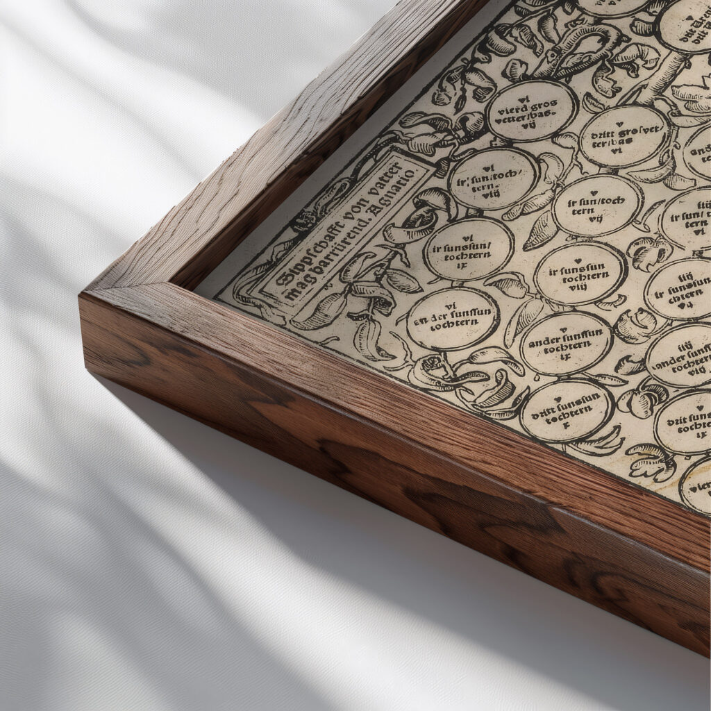 Genealogischer Baum 1519 20 Hans Holbein The Younger close up dark wood mockup