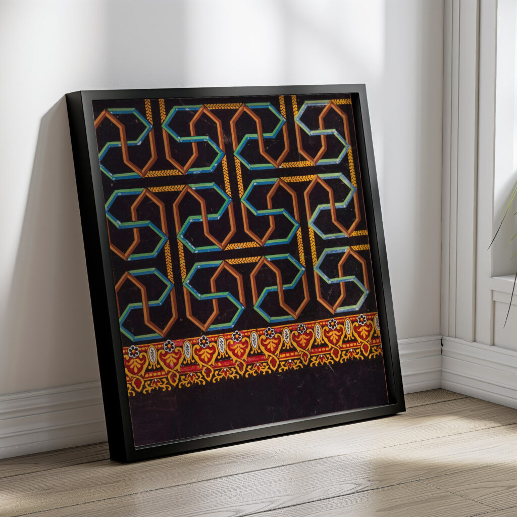 Geometric maze like patterns in brown blue green and yellow on black ground late 19th century Unknown 4 mockup