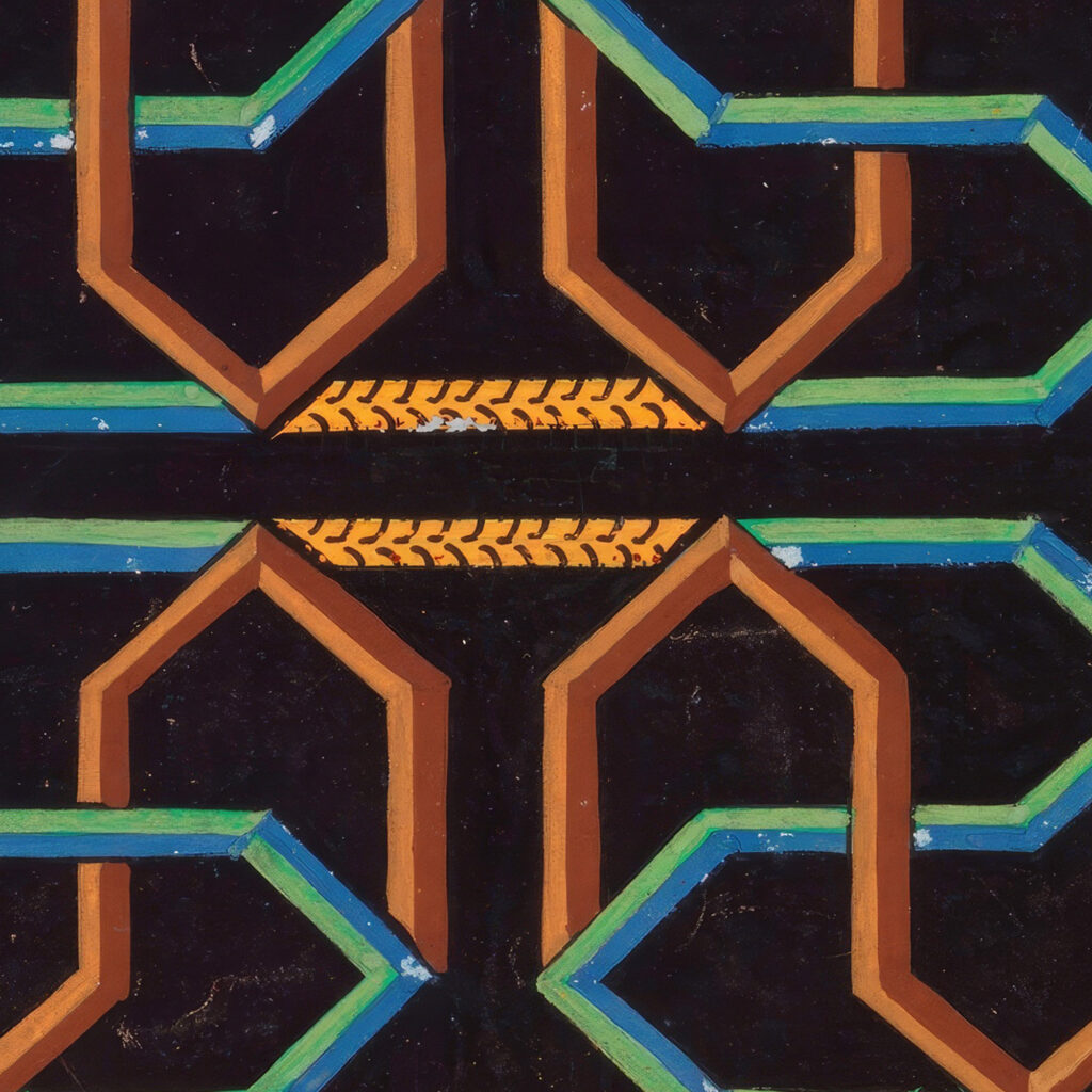 Geometric maze like patterns in brown blue green and yellow on black ground late 19th century Unknown 8 mockup