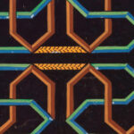 Geometric maze like patterns in brown blue green and yellow on black ground late 19th century Unknown 8 mockup