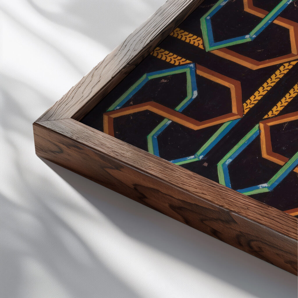 Geometric maze like patterns in brown blue green and yellow on black ground late 19th century Unknown close up dark wood mockup