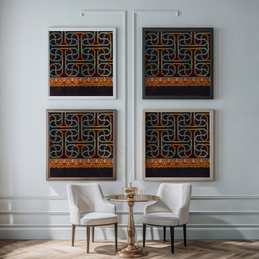 Geometric maze like patterns in brown blue green and yellow on black ground late 19th century Unknown framed posters mockup