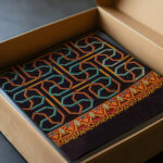 Geometric maze like patterns in brown blue green and yellow on black ground late 19th century Unknown video mockup