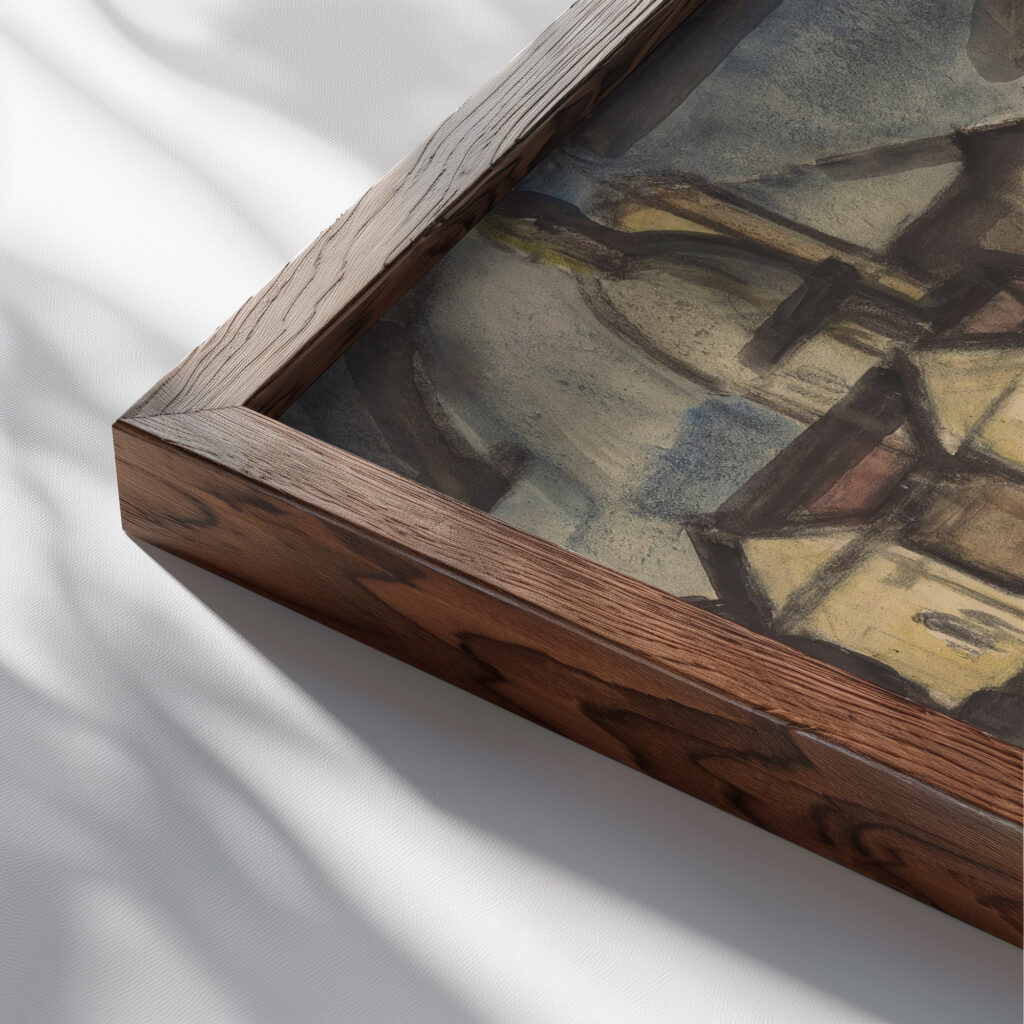 Gezicht op een Italiaanse stad 1920 Reijer Stolk close up dark wood mockup