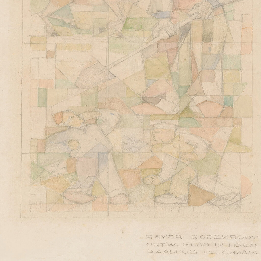 Glas in loodraam met een man met schep 1921 1942 Reijer Cornelis Joseph Godefrooij 8 mockup