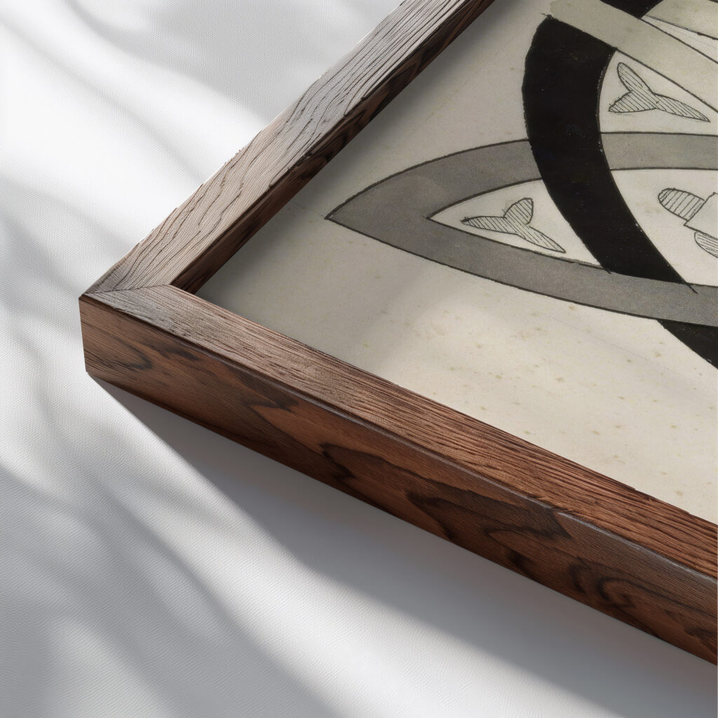 Gotische vlakversiering met vlechtwerk 1890 Johanna van de Kamer close up dark wood mockup