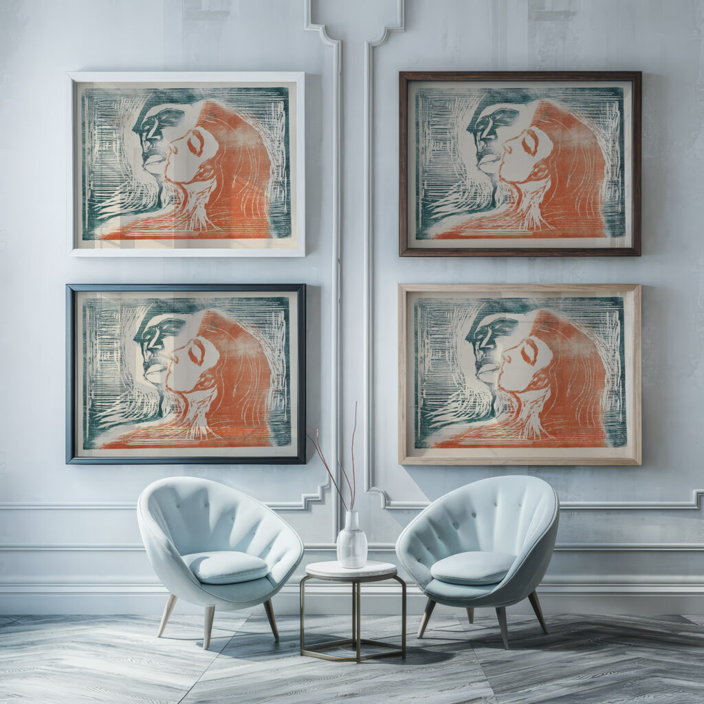 Head by head man and woman kissing 1905 Edvard Munch framed posters mockup