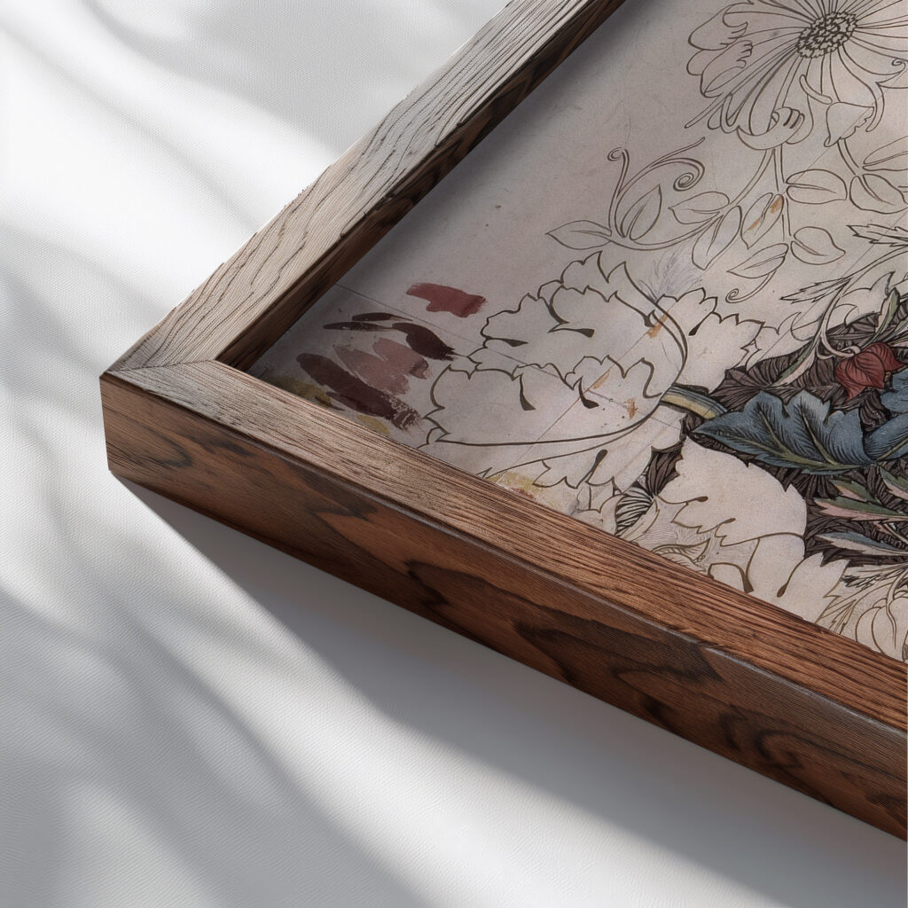 Honeysuckle 1874 William Morris close up dark wood mockup