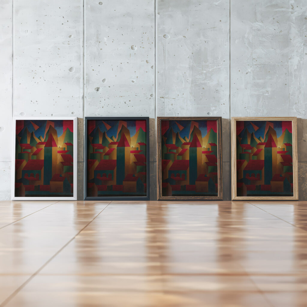 Houses tower and mountains 1919 20 Carl Grossberg framed posters mockup Houses tower and mountains 1919 20 Carl Grossberg framed posters mockup