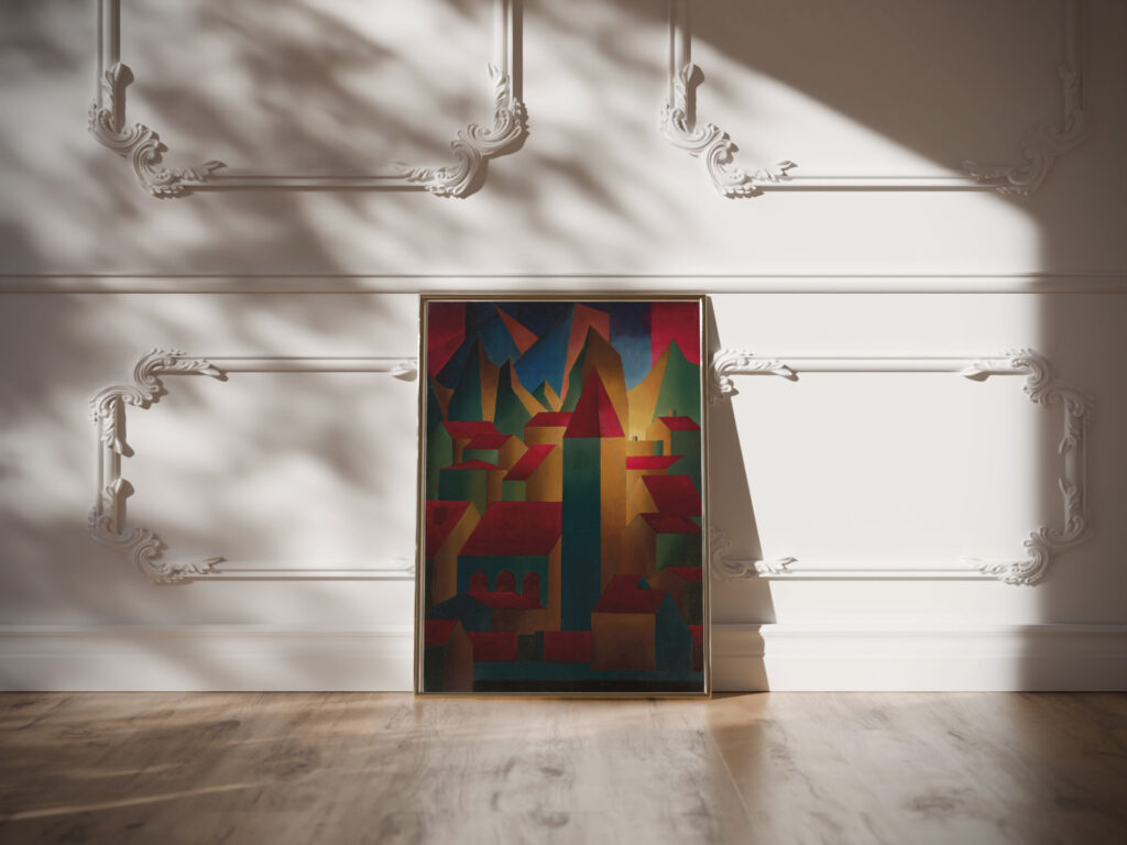 Houses tower and mountains 1919 20 Carl Grossberg video mockup Houses tower and mountains 1919 20 Carl Grossberg video mockup